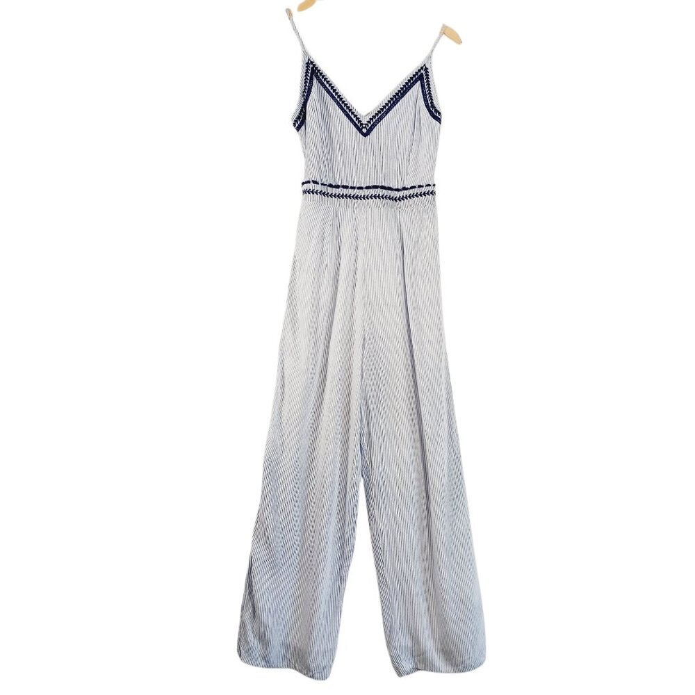 Japana, Palazzo Jumpsuit, S, Blue & White Stripe, Spaghetti Straps, Navy Trim